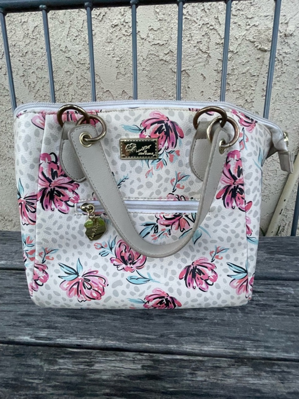 Betsey Johnson Cream Satchel with Pink Floral Print and Teal Accents